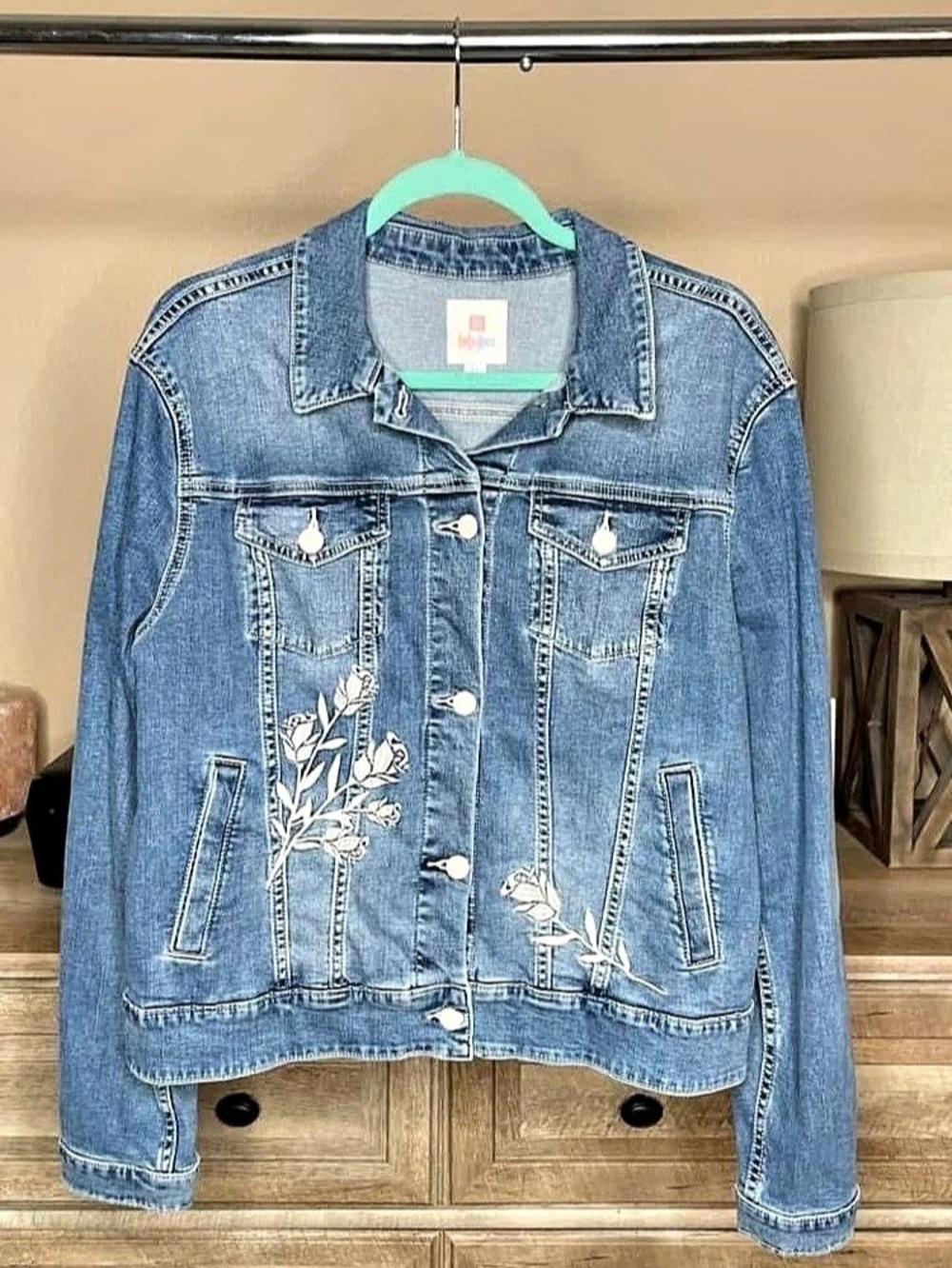 LuLaRoe Harvey Denim Jacket Blue & White Floral Embroidery